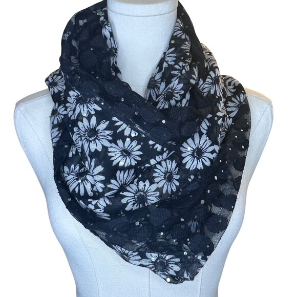 Lace Daisy Whimsigoth Black Sparkle Floral Sheer Infinity Scarf Y2K 90s Fairy - Picture 1 of 9